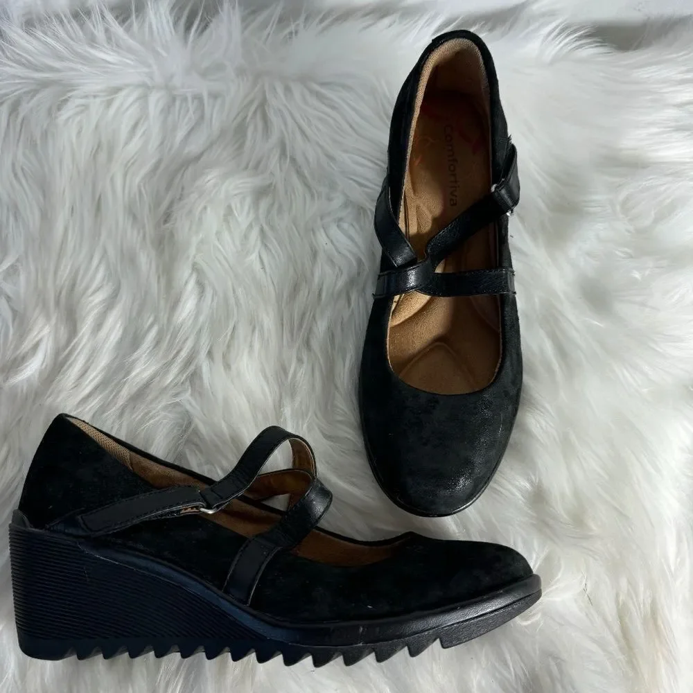 Comfortiva‎ Alice Black Matte Metallic Mary Jane Wedges Sz 8